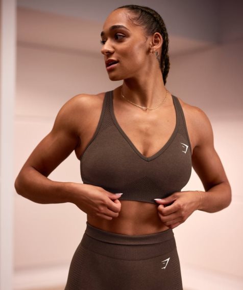 Women's Gymshark Vital Seamless 2.0 V Neck Sports Bra Dark Brown | NZ 2FAEVB